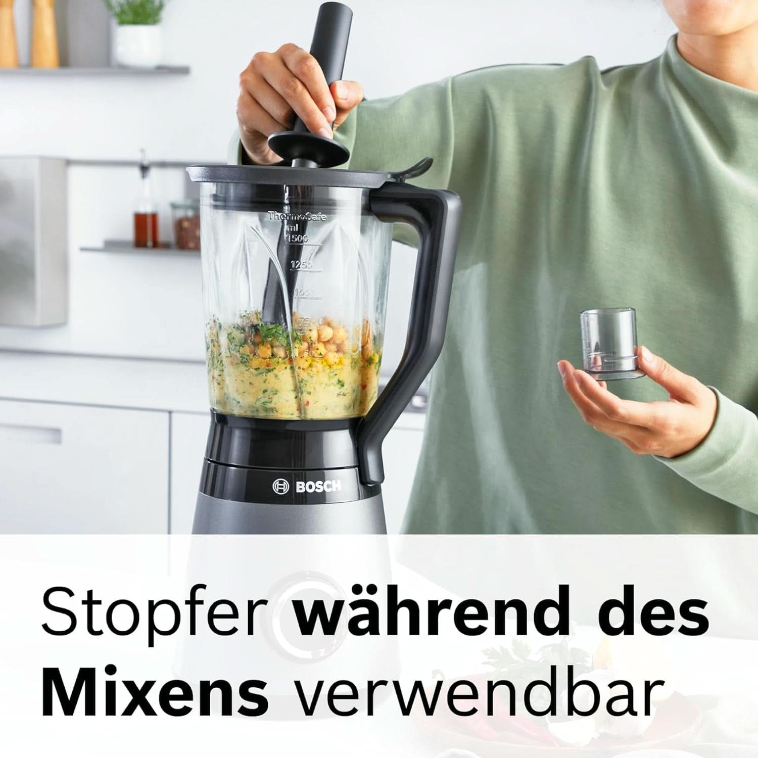Mikser stojący Bosch Vitapower Serie 4 MMB6172SN, wersja Verbesserte, 10 Jahre Motorgarantie, Edelstahl-Klingen, 1,5 l Glasbehälter, Spülmaschinenfeste Teile, 30 000 U/Min, 1200 W, Silver Kitchen Naty Shop