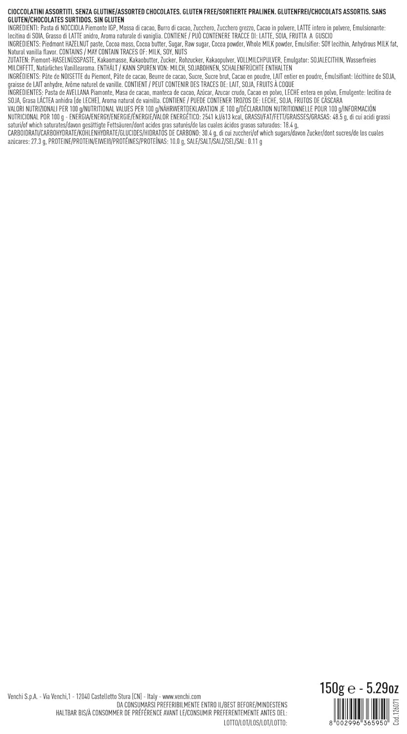 Zestaw upominkowy Venchi - Borsina Gianduiotti, z różnymi czekoladkami Gianduiotti, w tym „Orzechy laskowe Piemontu”, 150g, bezglutenowy, bez sztucznych barwników, bez konserwantów, pomysł na prezent