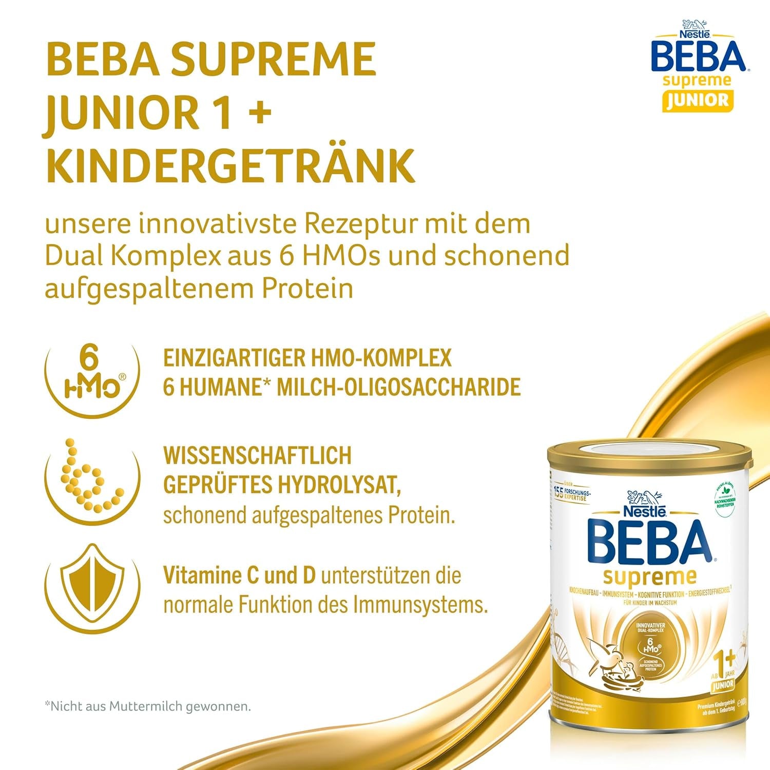 BEBA SUPREME JUNIOR 1 Plus - Napój dla dzieci od 1 roku, z kompleksem 6 HMO, bez laktozy, bez oleju palmowego, bez oleju rybnego, żywność dla małych dzieci, mleko w proszku dla niemowląt, opakowanie 6 szt. (6 x 800g)