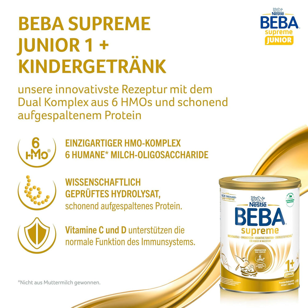 BEBA SUPREME JUNIOR 1 Plus - Napój dla dzieci od 1 roku, z kompleksem 6 HMO, bez laktozy, bez oleju palmowego, bez oleju rybnego, żywność dla małych dzieci, mleko w proszku dla niemowląt, opakowanie 6 szt. (6 x 800g)