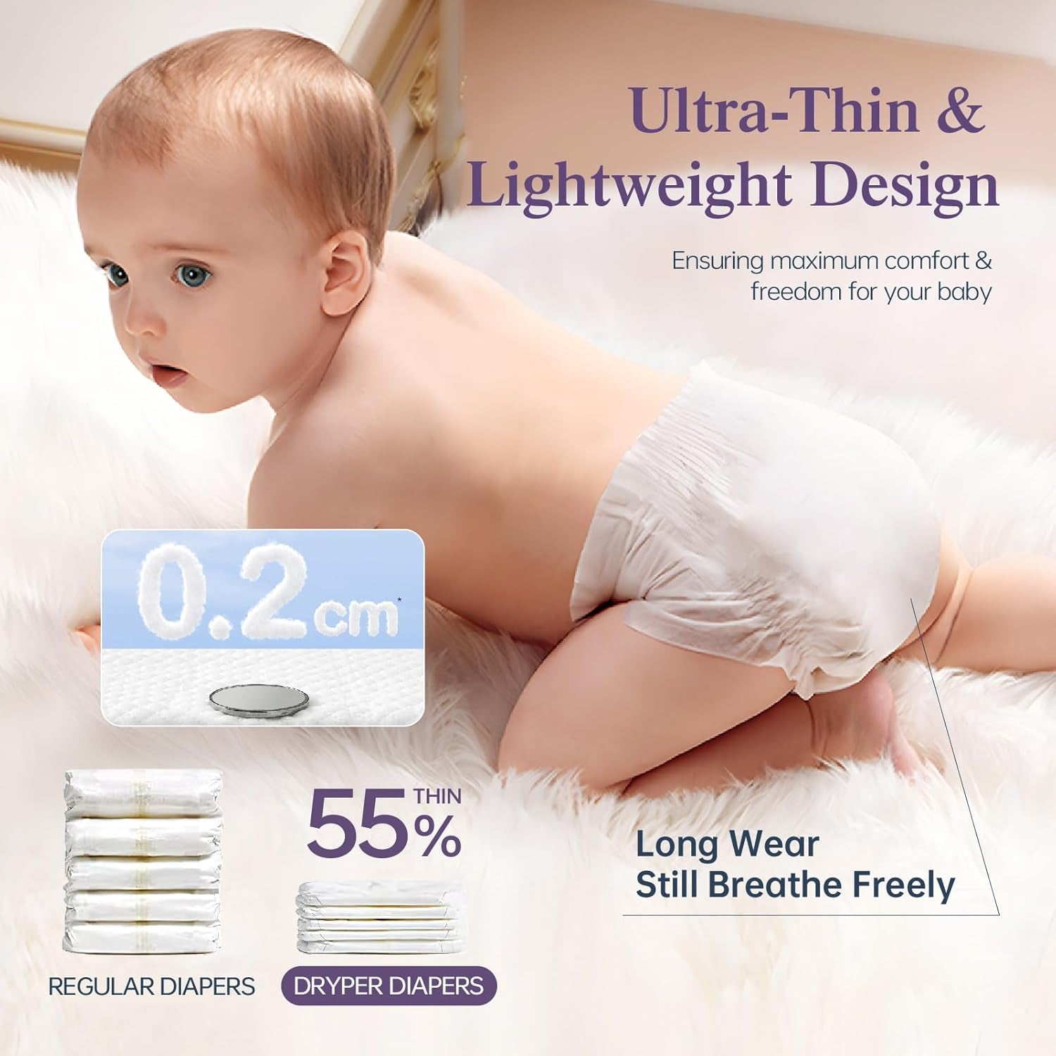 Scutece pentru nou-născuți, ecologice, mărimea 1 (3-5 kg), ultra subțiri, moi și hipoalergenice pentru piele sensibilă, protecție 3D împotriva scurgerilor, uzură premium de zi și de noapte, indicator de umezeală, 180 bucăți
