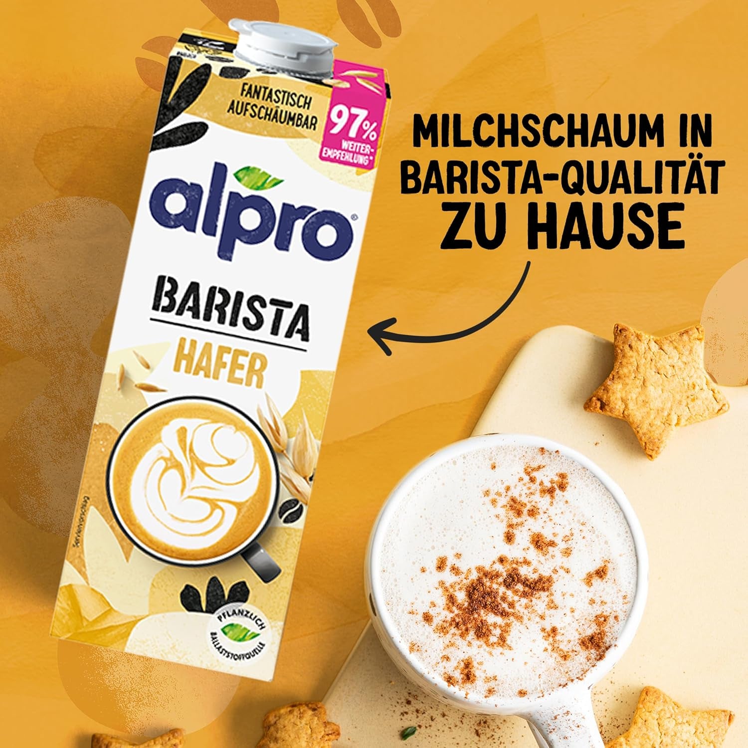 Alpro Barista Haferdrink – Zum Aufschäumen – Vegan und milchfrei – Von Natur aus lactosefrei – Rich an Ballaststoffen, Calcium und Vitaminen – 8 x 1 L – Haltbar