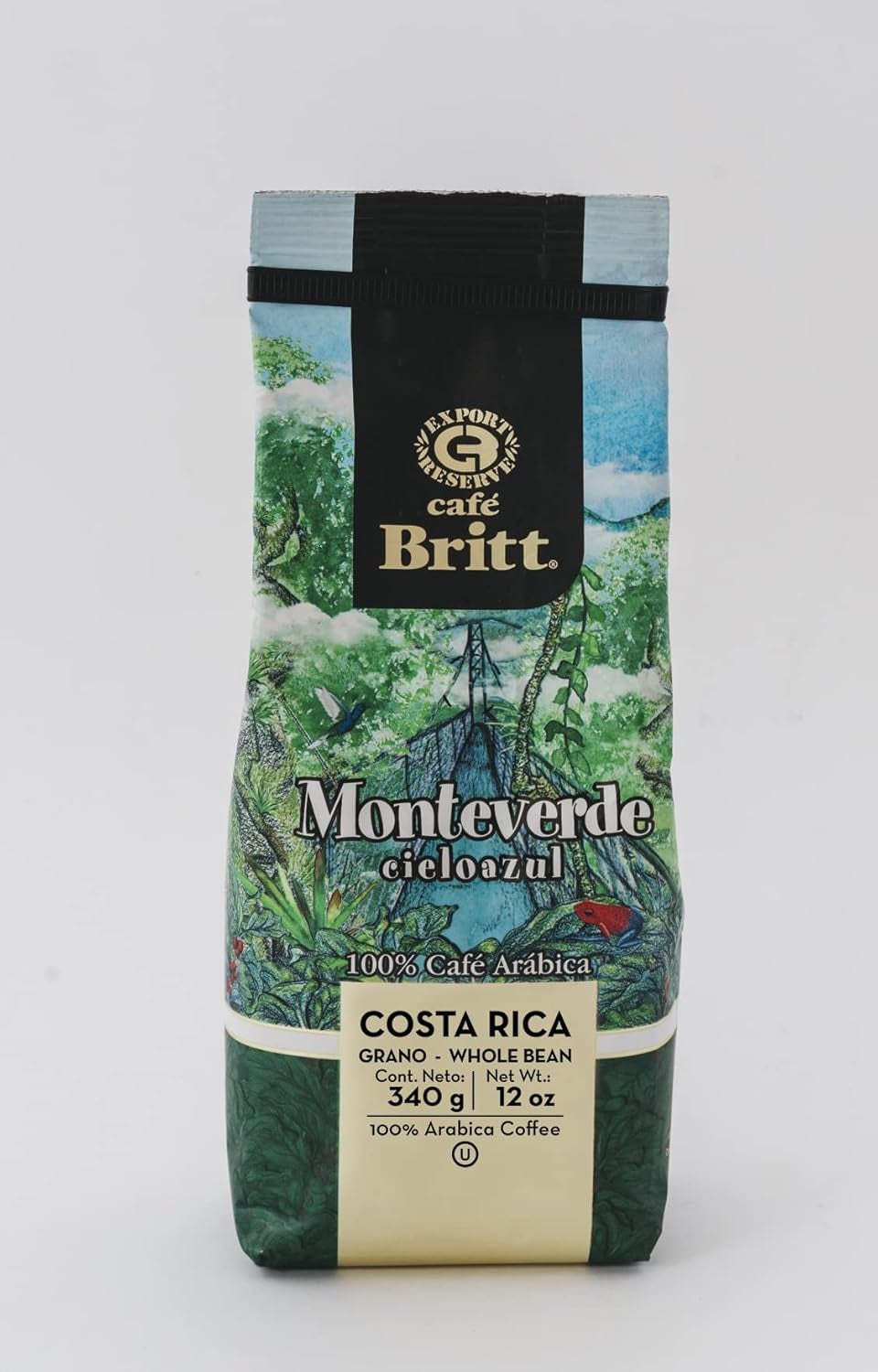 Café Britt® - Costa Rican Monteverde (340 g.) (1 pachet) Cafea Arabica boabe întregi, Kosher, fără gluten, gourmet și prăjire medie închisă