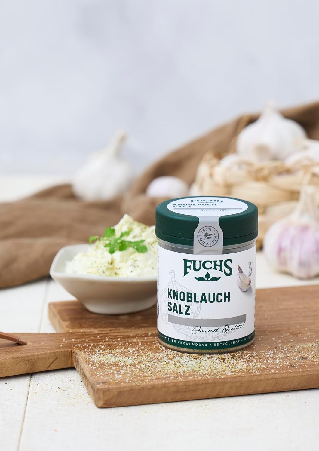 Fuchs Gewürze - Knoblauchsalz - Gewürzsalz für Dips, Saucen und Gemüse - naturalne składniki - 90 g w wiederverwendbarer, recyclebarer Dawka