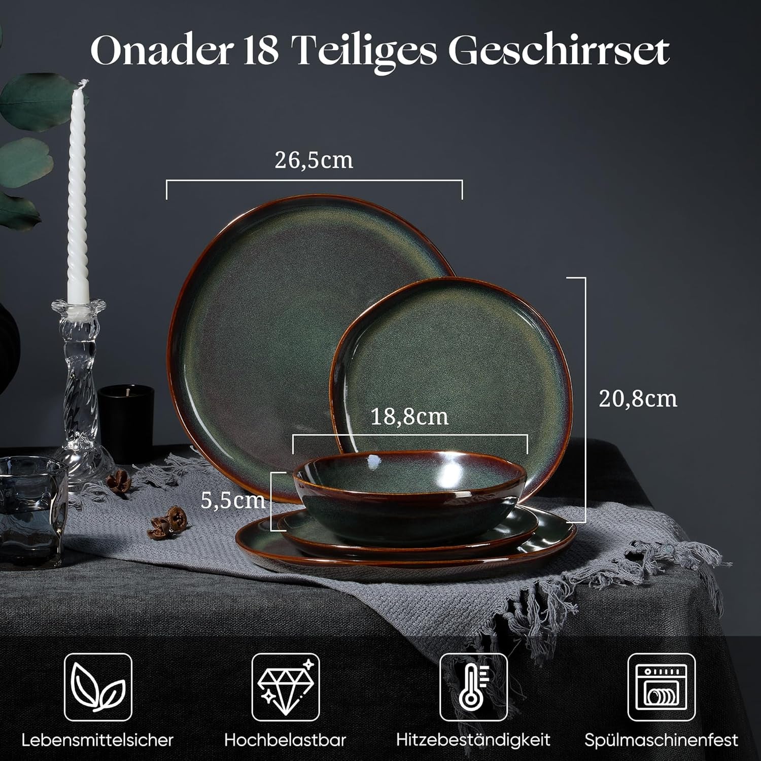 Set de veselă pentru 6 persoane, set de servire din gresie, format din 18 piese, boluri rotunde neregulate pentru cereale, farfurii de desert, farfurii de cină, rezistent la zgârieturi și potrivit pentru cuptorul cu microunde, verde mușchi reactiv