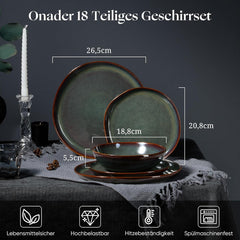 Set de veselă pentru 6 persoane, set de servire din gresie, format din 18 piese, boluri rotunde neregulate pentru cereale, farfurii de desert, farfurii de cină, rezistent la zgârieturi și potrivit pentru cuptorul cu microunde, verde mușchi reactiv