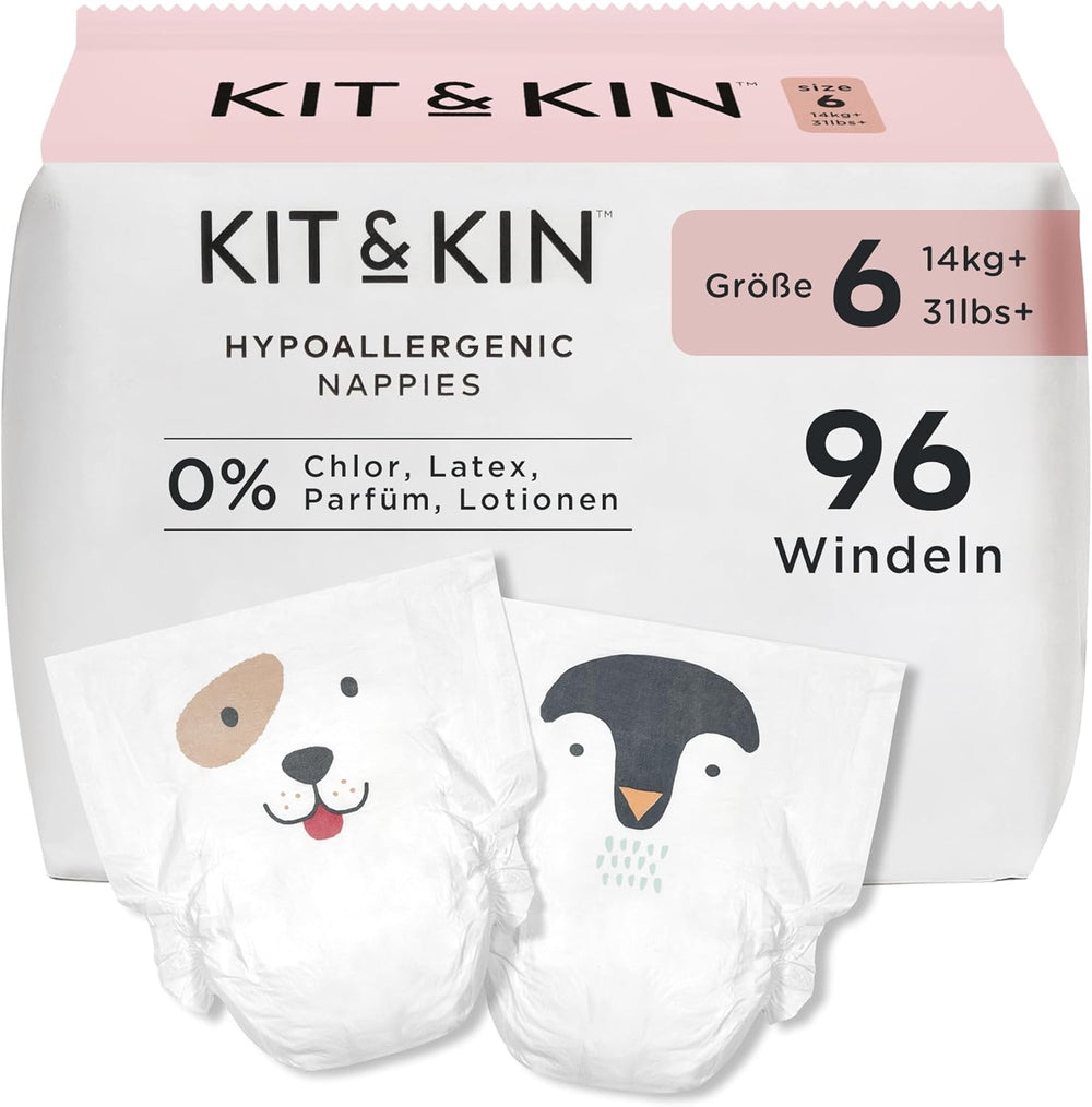 Pieluchy Kit & Kin Premium, rozmiar 4 (9-14 kg), 128 sztuk, na bazie roślin i hipoalergiczne, niezawodna ochrona przed wyciekami, wegańskie i wolne od okrucieństwa