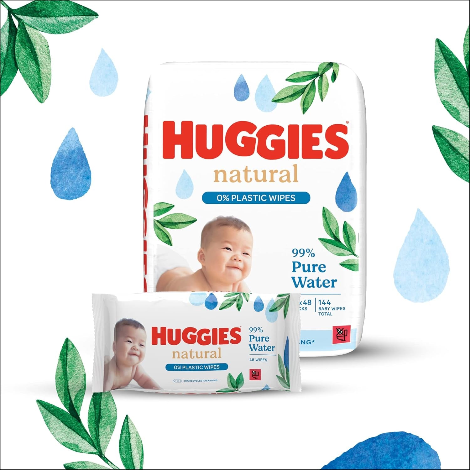 Huggies Naturalnie biodegradowalne chusteczki nawilżane dla wrażliwych dzieci, 8 x 48 chusteczek, opakowanie zbiorcze