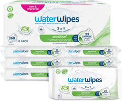 WaterWipes Sensitive+ Hydrating Boost Chusteczki nawilżane, Chusteczki nawilżające, 360 sztuk (6 szt.), 3 w 1 Czyszczenie, pielęgnacja, nawilżanie, 99% wody z aloesu, bezzapachowe chusteczki dla dzieci