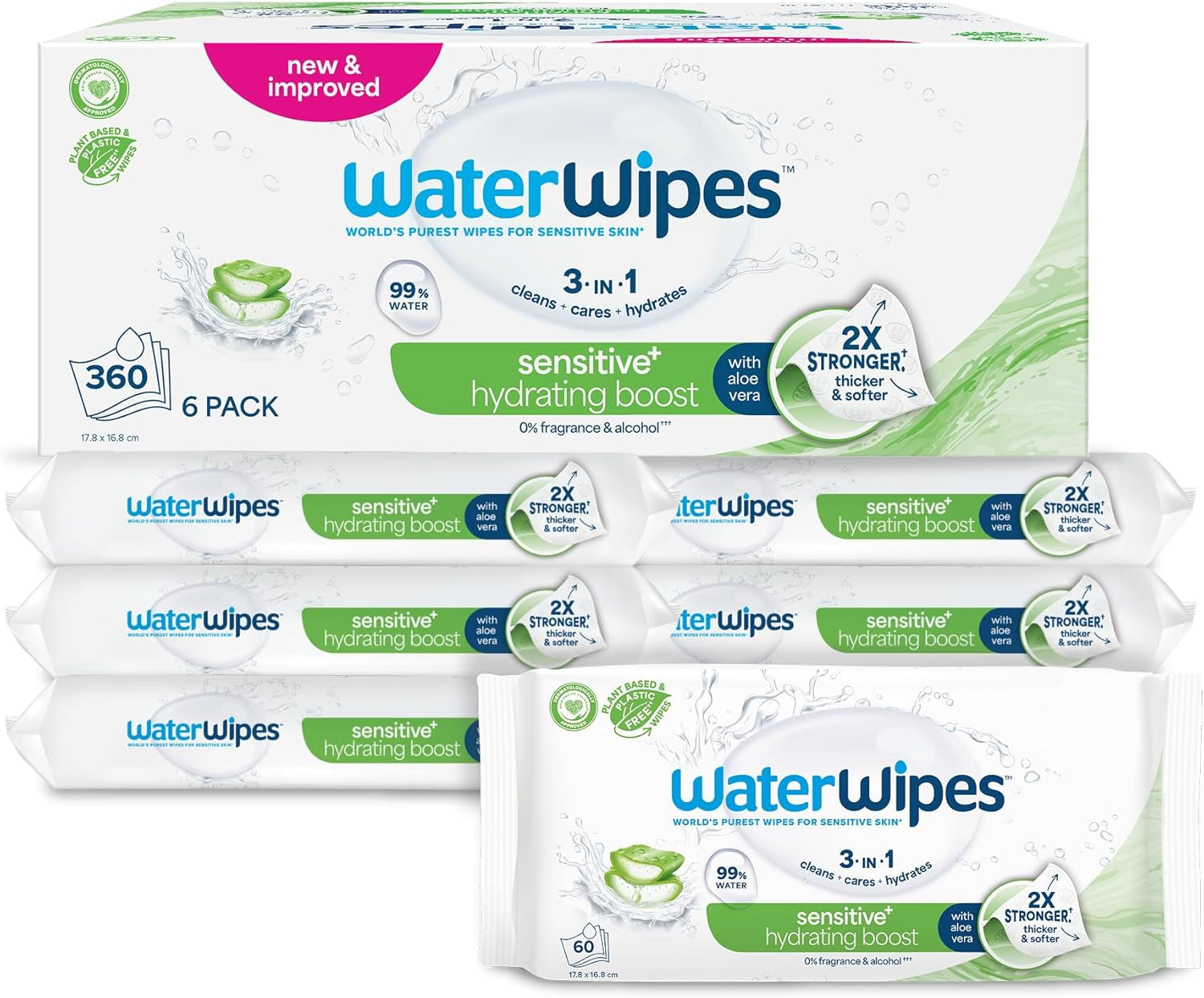 Șervețele umede WaterWipes Sensitive+ Hydrating Boost, șervețele hidratante, 720 bucăți (12 pachete), 3 în 1 curăță, îngrijește, hidratează, 99% apă cu aloe vera, șervețele umede fără parfum pentru bebeluși