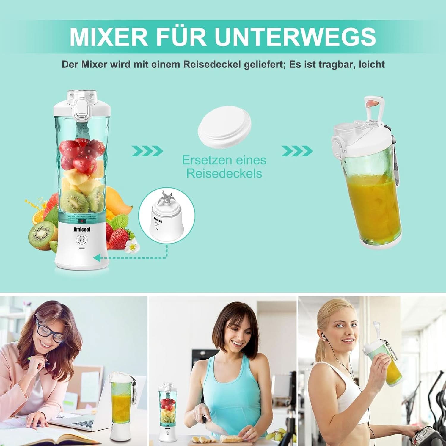 Mikser Smoothie Maker to Go, Mini Standmixer Tragbar Mit 6-Klingen Edelstahl, Enstafter Mit Reisedeckel, Przenośny blender USB Elektrisch 600Ml Butelka, Mikser Shaker Slushy Maker Wasserdichter Bucatarie Naty Shop