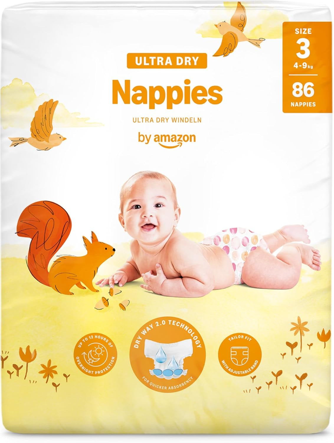 Pieluchy Amazon Ultra Dry, rozmiar 3 (4–9 kg) – pudełko miesięczne, białe, 172 sztuki (2 opakowania po 86) (dawniej Mama Bear, identyczny produkt)