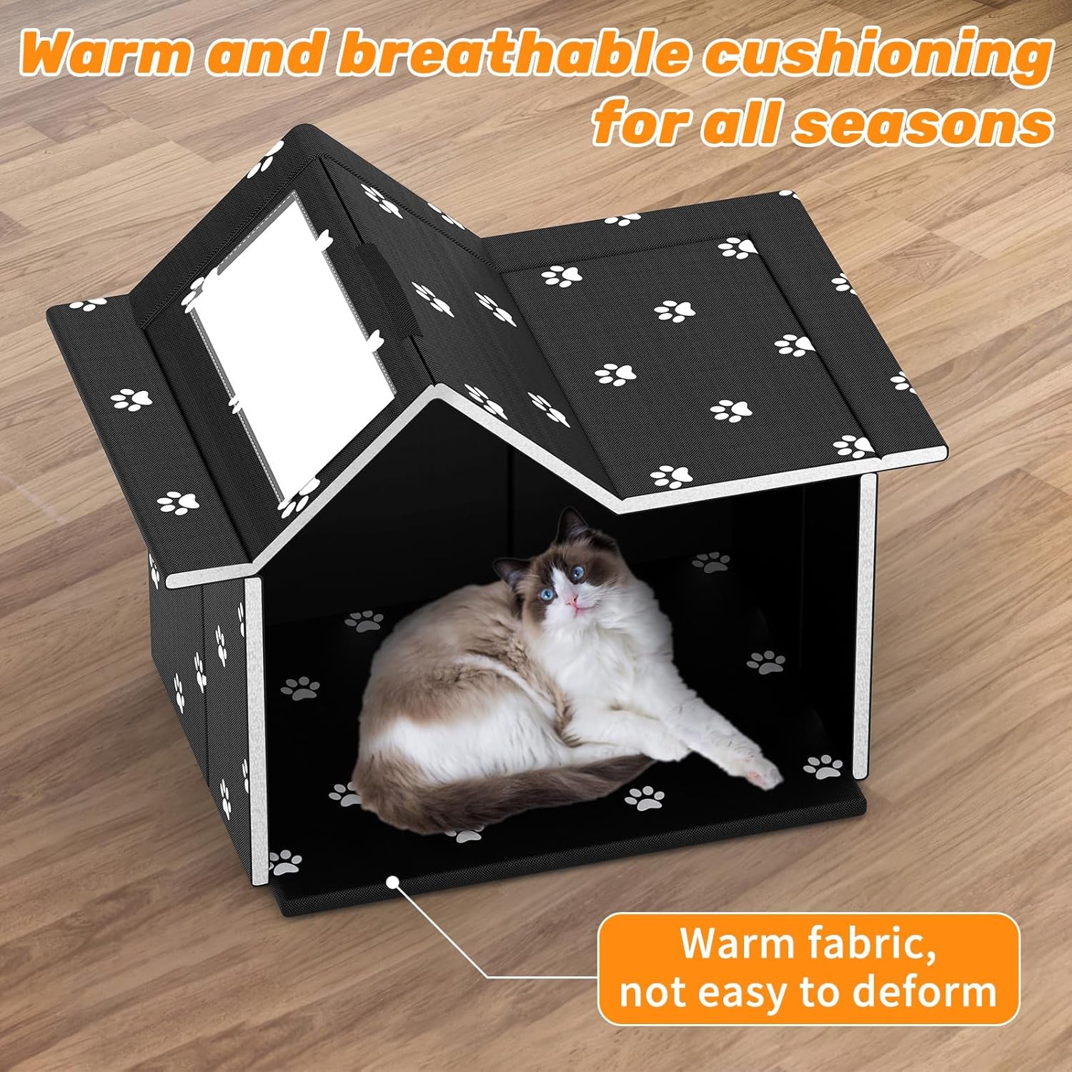 Katzenhaus Für Draußen Winterfest, Haus für verwilderte Katzen mit abnehmbaren Kissen, Winterschutz für Haustiere mit Türvorhängen, einfach zu montieren