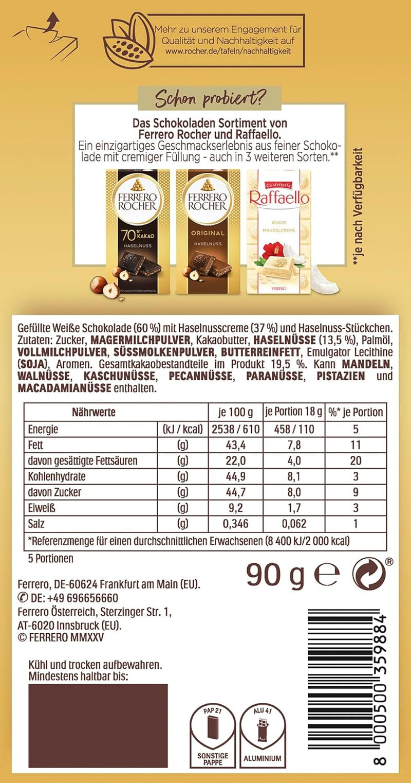 Ferrero Rocher Bar - Biała Czekolada z Orzechem Laskowym - Prezent na Walentynki dla Niego i dla Niej - 1 Tabliczka Czekolady x 90g