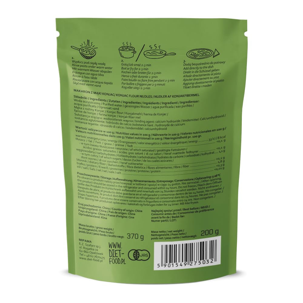 Makaron dietetyczny Shirataki | Makaron Konjac o niskiej zawartości węglowodanów | 200 gramów wegańskiego, niskokalorycznego, beztłuszczowego, bez sojowego, bezglutenowego, rozpuszczalnego w wodzie makaronu dietetycznego