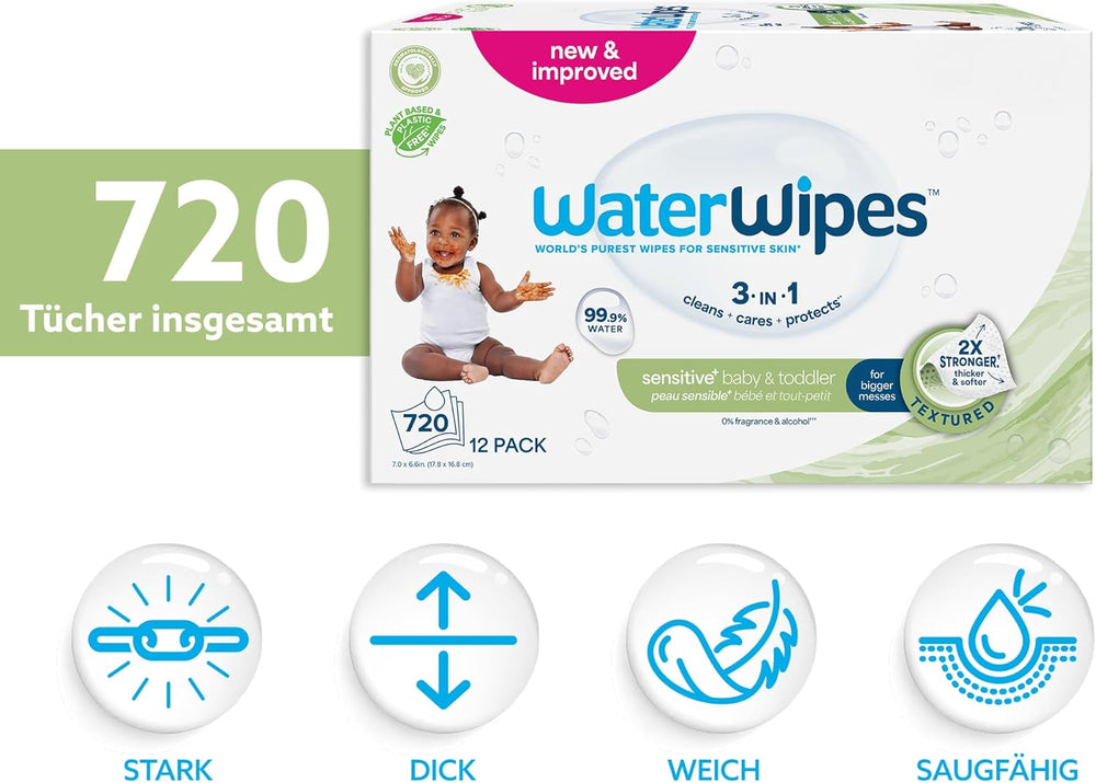 WaterWipes Sensitive+ Chusteczki nawilżane dla niemowląt i małych dzieci, 720 szt. (12 szt.), 3 w 1 czyszczenie, pielęgnacja, ochrona, 99,9% wody, teksturowane oczyszczanie, bezzapachowy