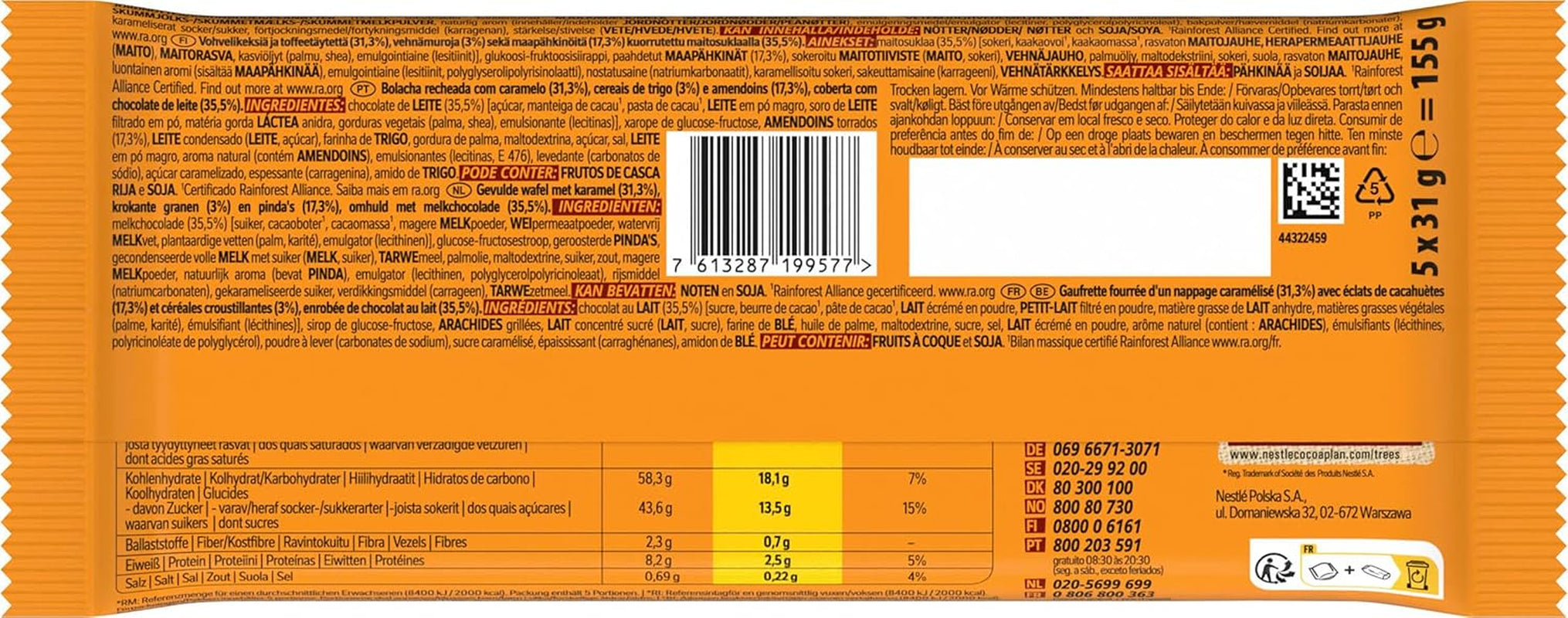 Batonik orzechowy w mlecznej czekoladzie, pyszne nadzienie karmelowe, orzeszki ziemne i chrupiący wafelek, opakowanie zbiorcze cukierków, 1 opakowanie (5 x 31 g)