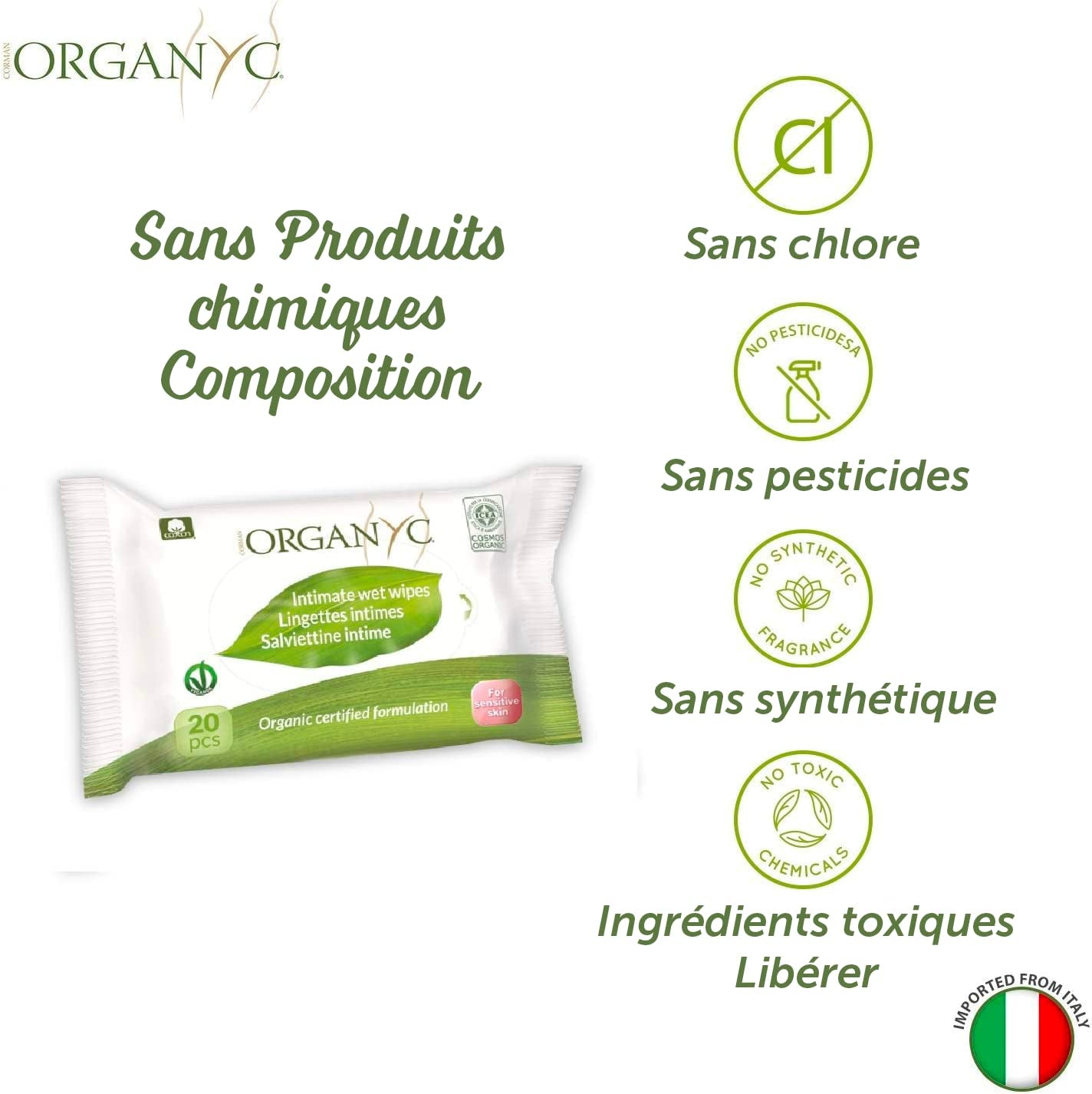 Organyc Wilgotne chusteczki do higieny intymnej, wykonane w 100% z certyfikowanej bawełny organicznej – 4 opakowania po 20 chusteczek (łącznie 80 chusteczek)