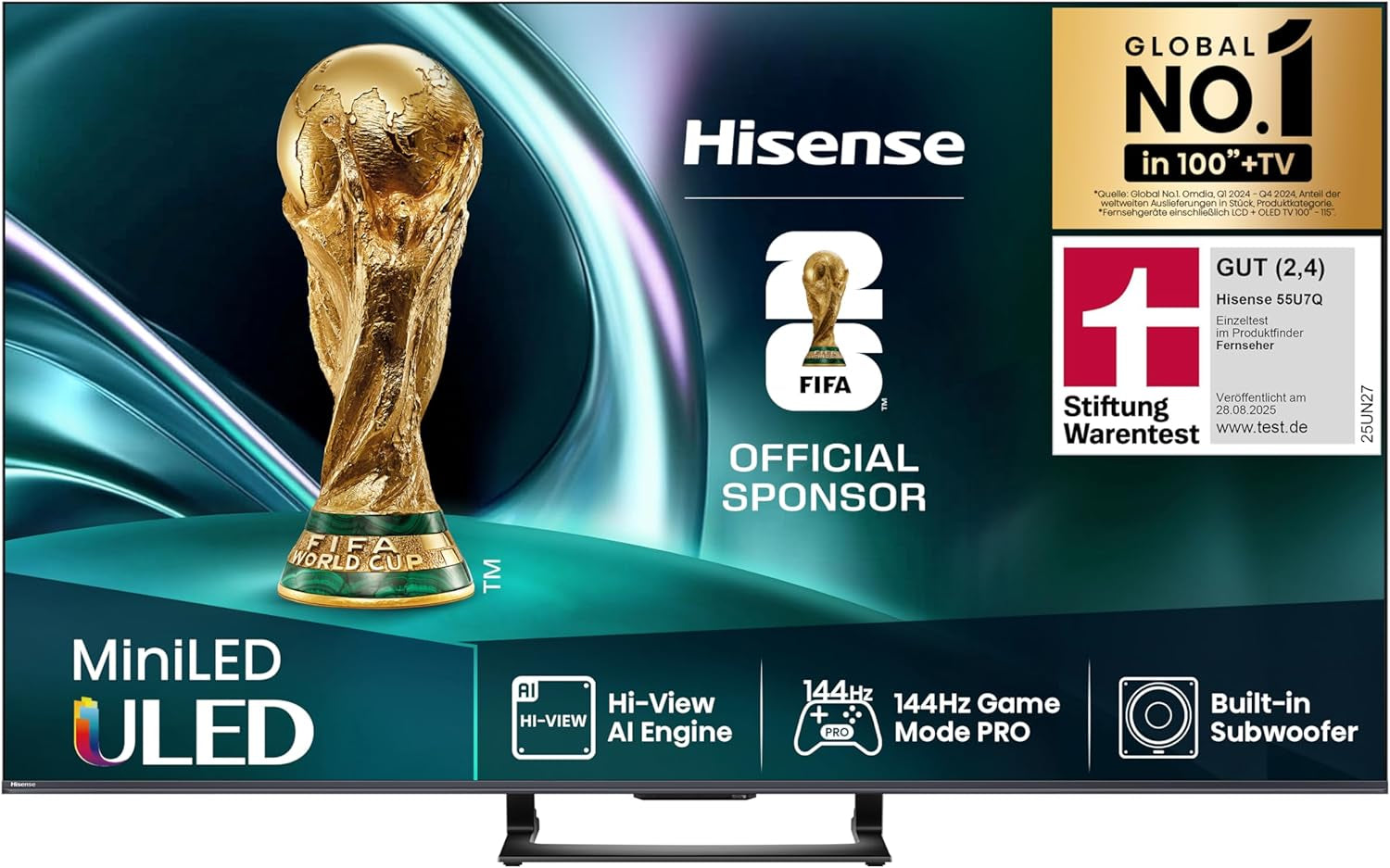 Televizor Hisense 50U7Q de 50 de inci, mini LED ULED 4K, Smart TV, motor Hi-View AI, mod de joc Pro la 144Hz, FreeSync Premium, subwoofer încorporat, Dolby Vision IQ Atmos, AirPlay, control vocal [2025]