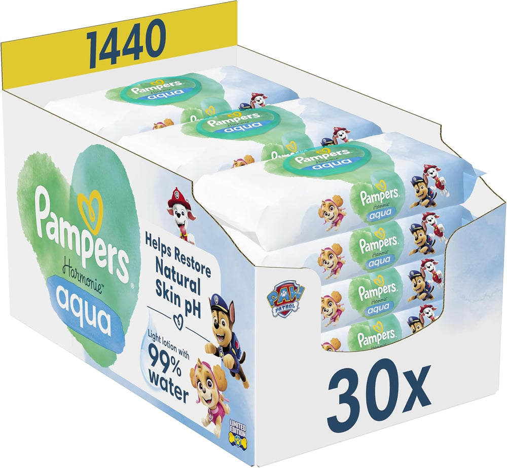 Pampers Harmony Aqua Chusteczki dla niemowląt Paw Patrol 15 sztuk 48 chusteczek 720 chusteczek dla niemowląt pomaga przywrócić naturalną równowagę pH skóry Lekki balsam 99% wody