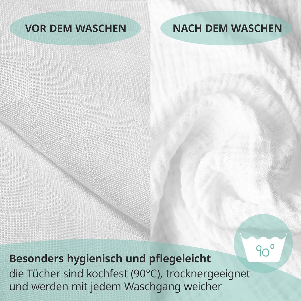 MAKIAN Muślinowe kwadraty, opakowanie 10 sztuk, 80x80cm, certyfikat Oeko-TEX® Standard 100, 10 wysokiej jakości ściereczek do odbijania - podwójnie tkane kwadraty / kwadraty muślinowe, odporne na gotowanie - białe