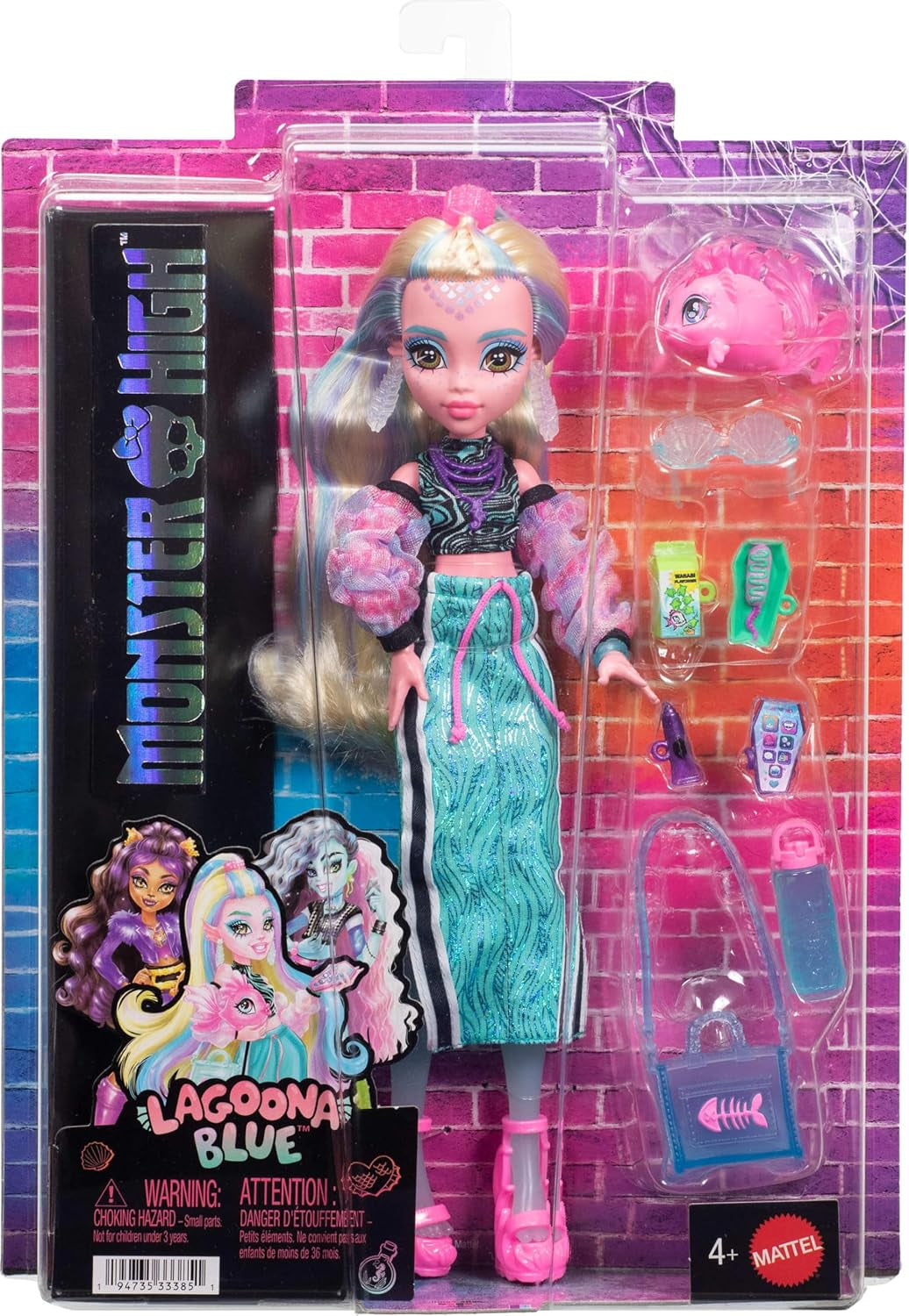 Păpușa Monster High Lagoona Blue în top scurt și fustă maxi sport cu peștele Neptuna și 7 accesorii, cum ar fi ochelari de soare cu scoici, gustare și geantă, JHK33