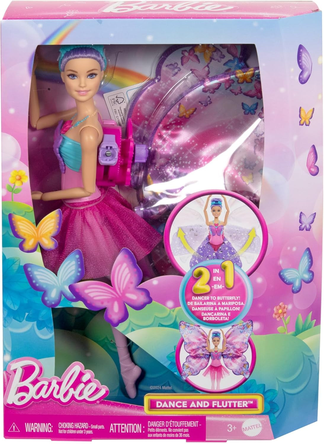 Păpușă Barbie Dansatoare și Fluture cu transformare 2 în 1 din Dansatoare în Fluture cu Aripi care se Deschid, Păr Mov, Accesorii de Păr și Tutu Detașabil, HXJ10