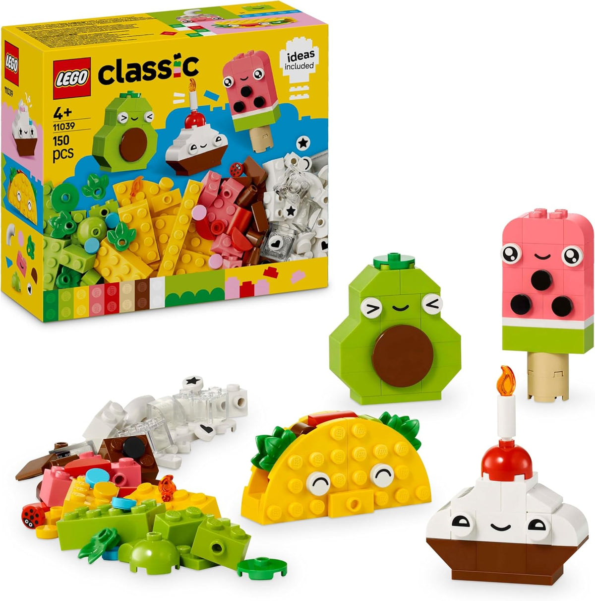 LEGO Classic Creative Snack Bauspaß, Spielzeug mit Essen für fantasievolle Rolenspiele, Bauset für Jungen und Mädchen ab 4 Jahren, Cupcake, Avocado, EIS am Stiel und Taco 11039