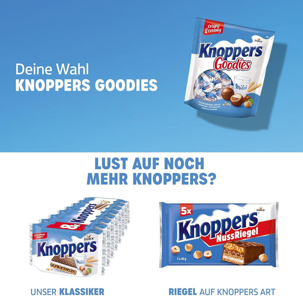 Knoppers Goodies Crunchy Minis – 1 x 180g – chrupiące kuleczki waflowe wypełnione kawałkami orzechów laskowych, mlekiem i kremem nugatowym, oblane czekoladą