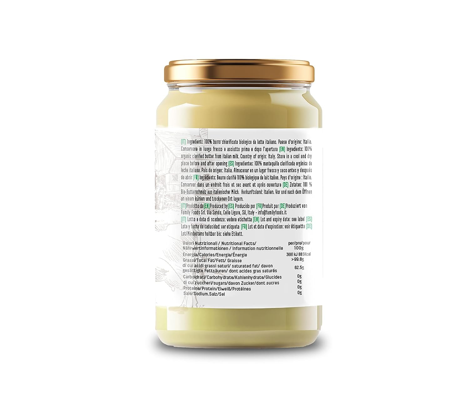 Cibo Bio Ghee 500g – Milch aus Parma und Reggio Emilia – Hergestellt in Italy – Weidekühe – Rauchpunkt 250°C – Aus Centrifugensahne