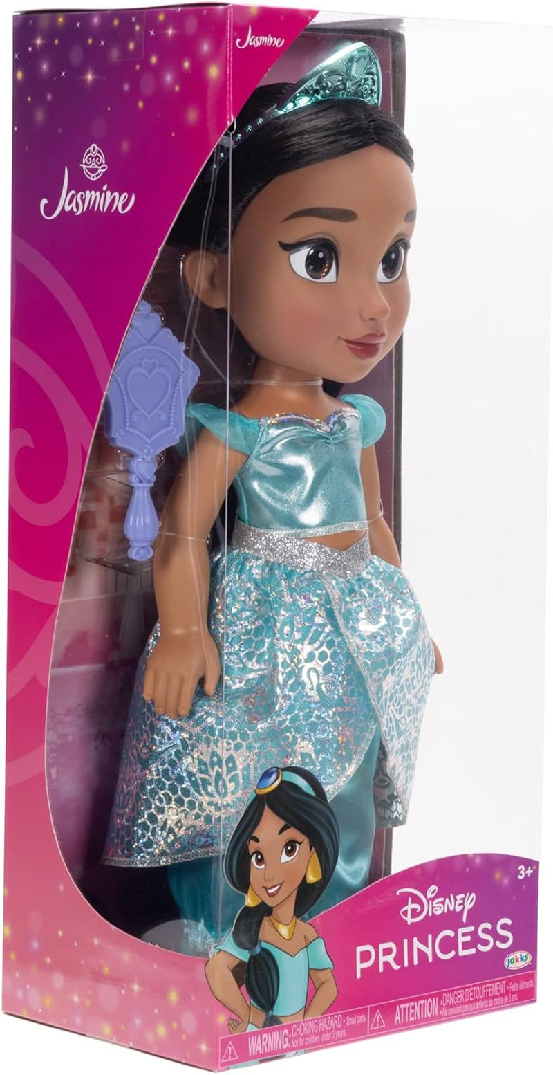 Disney Princess Jasmin Puppe 35cm, reflektierende Glitzeraugen, bewegliche Gelenke, ausziehbares Outfit, Schuhe, Krone, langes geflochtenes Haar, für Mädchen ab 3 Jahren