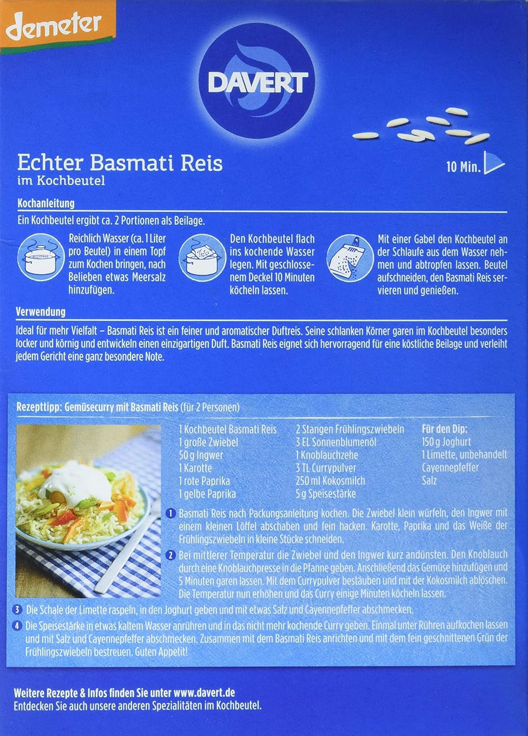 Davert organiczny ryż Basmati w torebkach do gotowania, 2 torebki, 250g