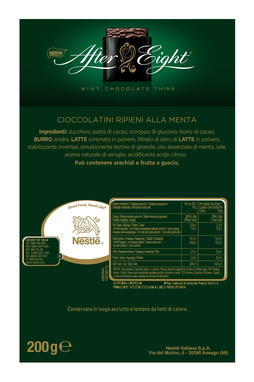 NESTLÉ AFTER EIGHT Cienkie kwadraty z ciemnej czekolady z nadzieniem miętowym dla koneserów Opakowanie 5 sztuk (1 x 200g)