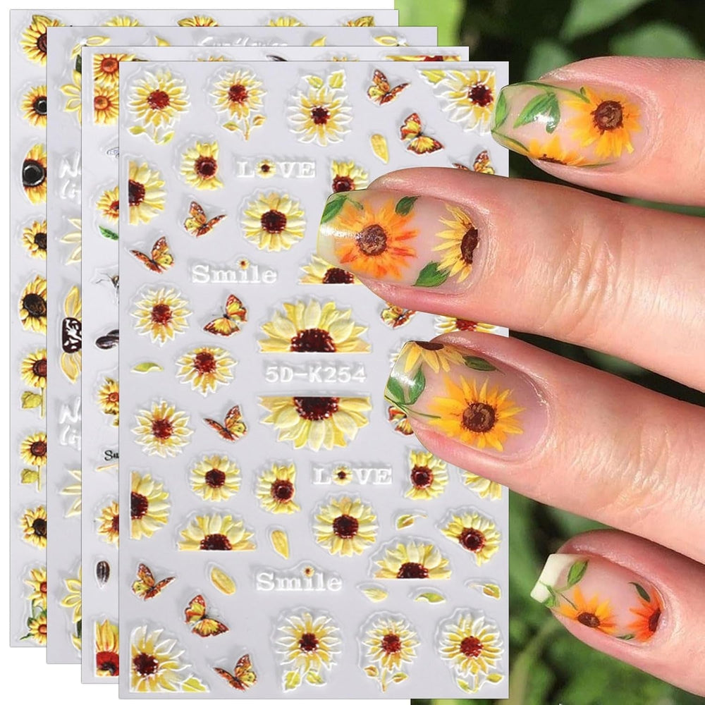 JMEOWIO 3D Nagelsticker Schwarz Weiß Blume Nail Art Sticker Selbstklebend Nagelaufkleber 5D Stereoskopisch Blumen Dekoration Nageldesign Zubehör 4 Blatt