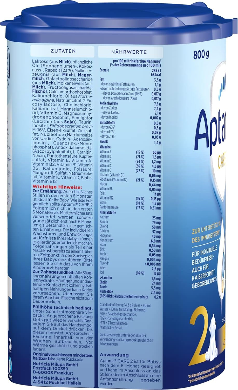 Aptamil Care 2 - Mleko następne po 6 miesiącu, z Omega 3 i 6, DHA i ARA, bez oleju palmowego, żywność dla dzieci, mleko w proszku, 1 x 800 g (opakowanie 6 szt.)