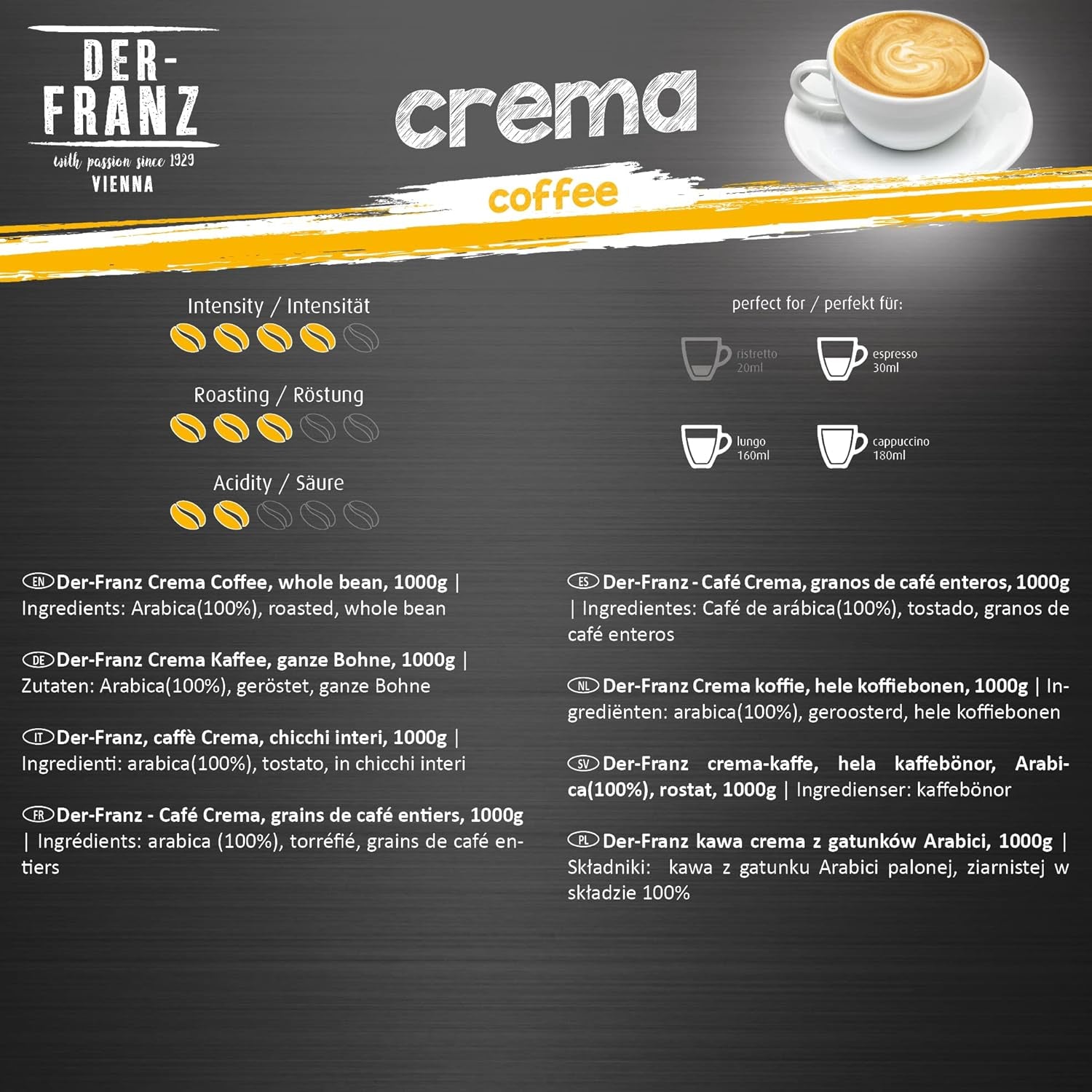 DER-FRANZ Śmietanka kawowa, Intensywność 4/5, 100% Arabika, całe ziarna kawy Coffee Naty Shop