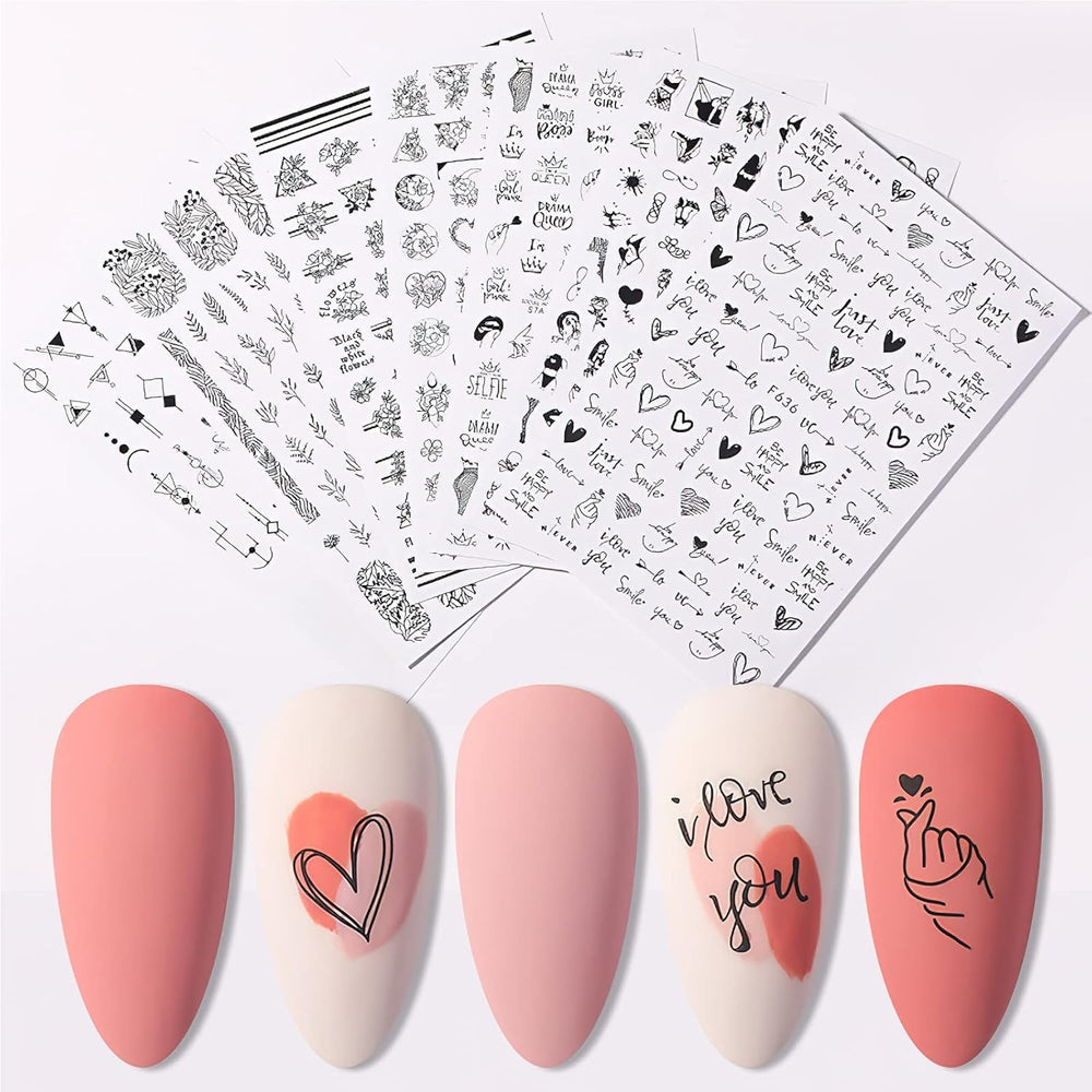 7 Blätter Nagelsticker Selbstklebend Nagelsticker Blumen Abstrakt 3D Schwarz Nagelaufkleber Nageldesign Herzform Wörter Pflanzen Nagel Sticker DIY Nail Art Zubehör Maniküre Dekoration