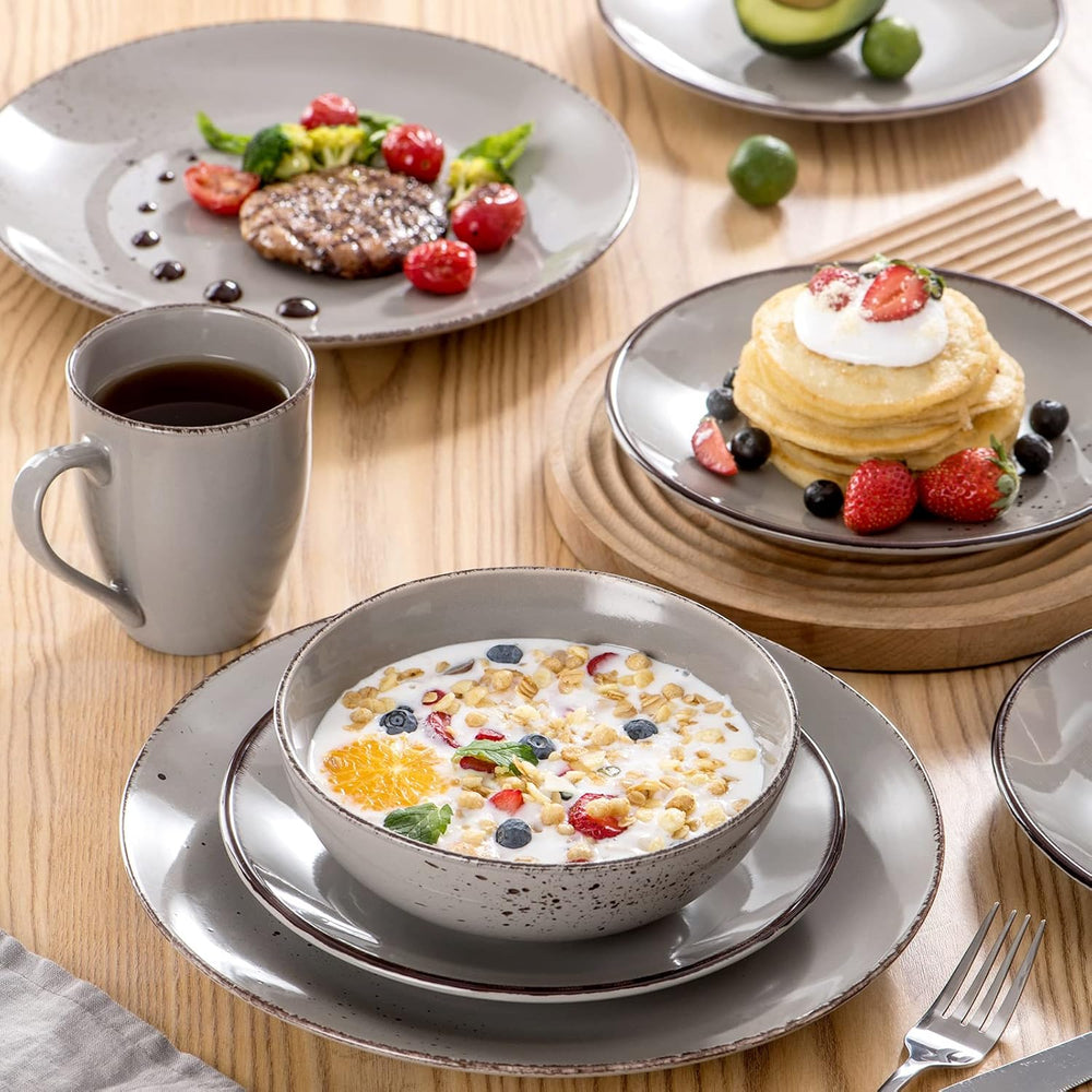 Set de veselă Vancasso pentru 12 persoane, set de veselă din gresie Navia, set combinat de 48 de piese cu farfurii, farfurii pentru salată, boluri și cești, aspect vintage, design natural