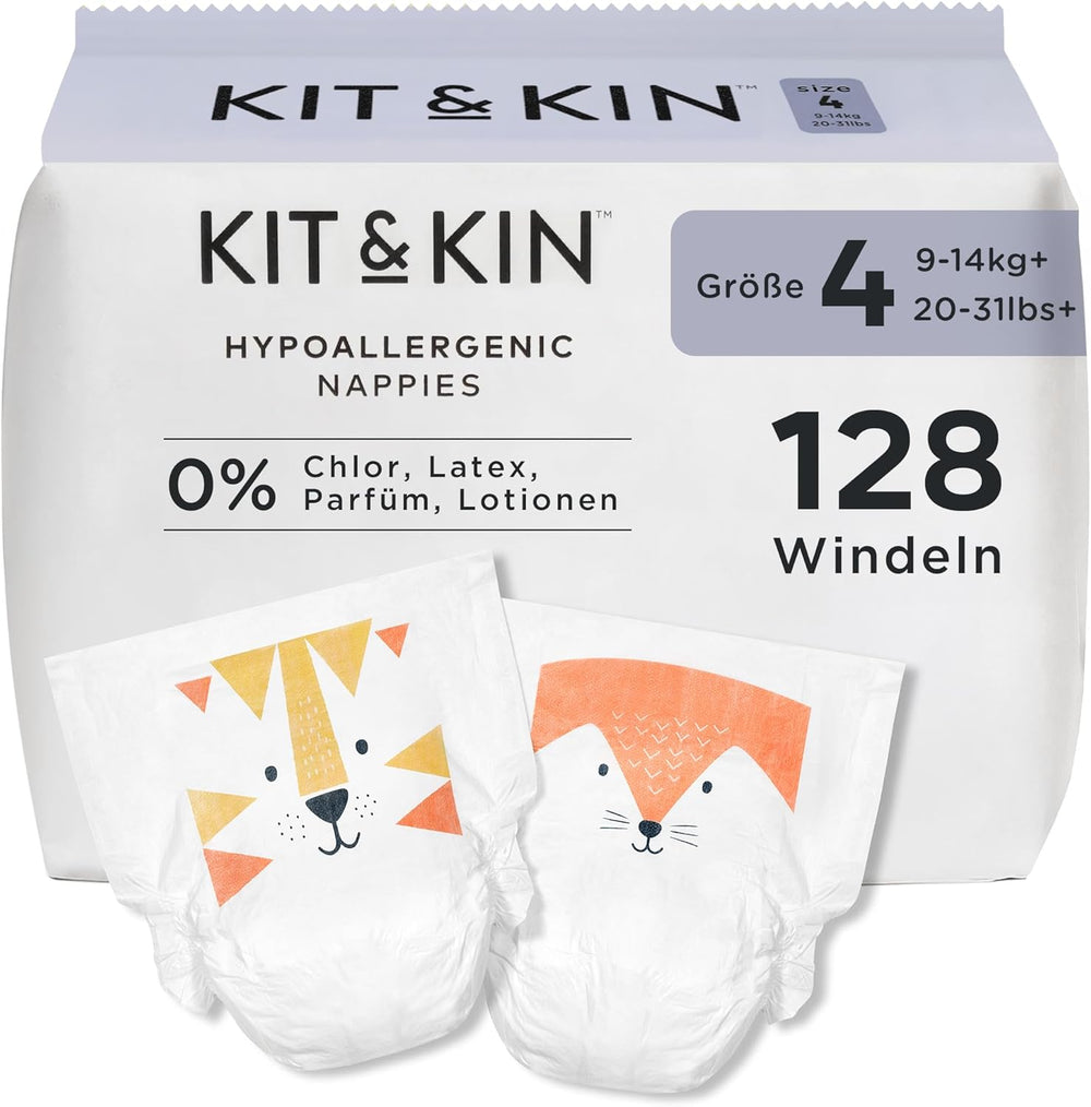 Pieluchy Kit & Kin Premium, rozmiar 4 (9-14 kg), 128 sztuk, na bazie roślin i hipoalergiczne, niezawodna ochrona przed wyciekami, wegańskie i wolne od okrucieństwa