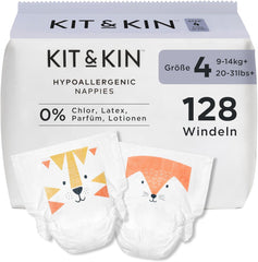 Pieluchy Kit & Kin Premium, rozmiar 4 (9-14 kg), 128 sztuk, na bazie roślin i hipoalergiczne, niezawodna ochrona przed wyciekami, wegańskie i wolne od okrucieństwa