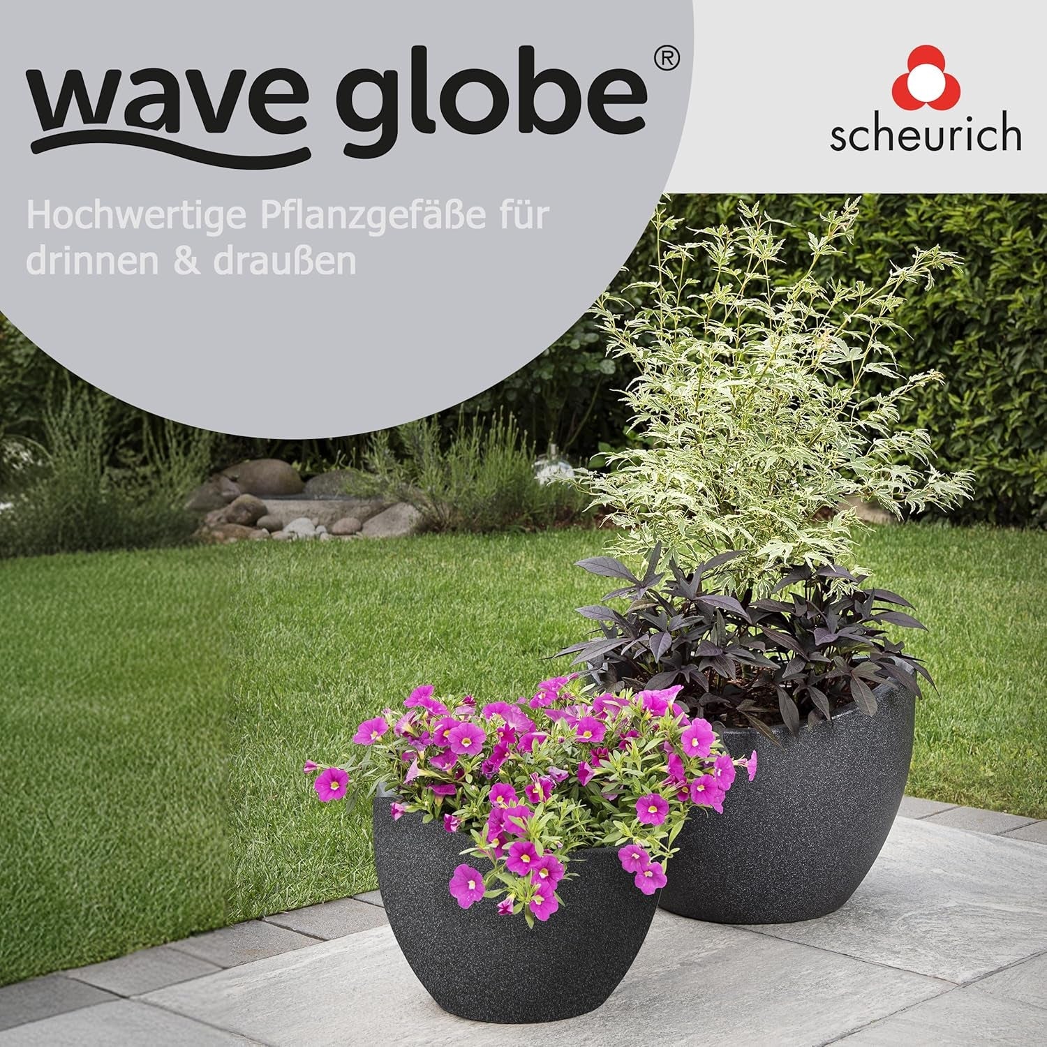 Ghiveci Scheurich Wave Globe, din plastic, granit negru, diametru 30 cm, înălțime 22 cm, volum 19 l.