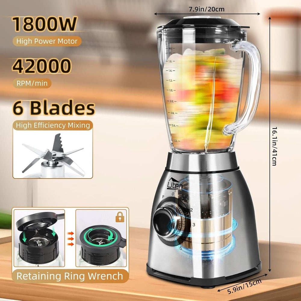 Uten Standmixer 2L, 1800 W Mixer Hochleistungsmixer, Pulse Und 5 Geschwindigkeiten, Edelstahlgehäuse, 6 Klingen, Macht Milchshake-Smoothies, Mahlbare Kaffeebohnen Matka i Dziecko Naty Shop