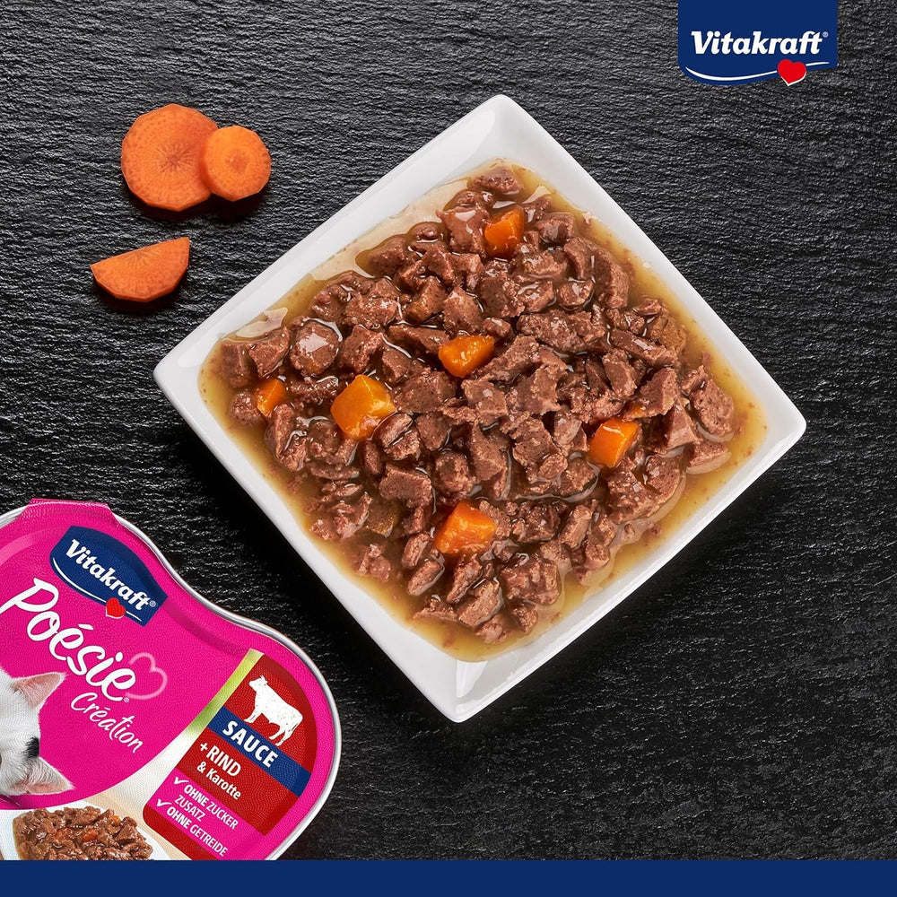 Vitakraft Poésie Création, hrană umedă pentru pisici, hrană umedă în sos, cu carne de vită și morcov, pachet vrac, fără zahăr adăugat sau cereale (15 x 85g)