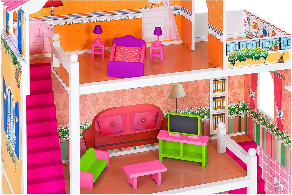 37916 - Domek dla lalek - drewno - 3 półki, - 17 akcesoriów Domki dla lalek Naty Shop