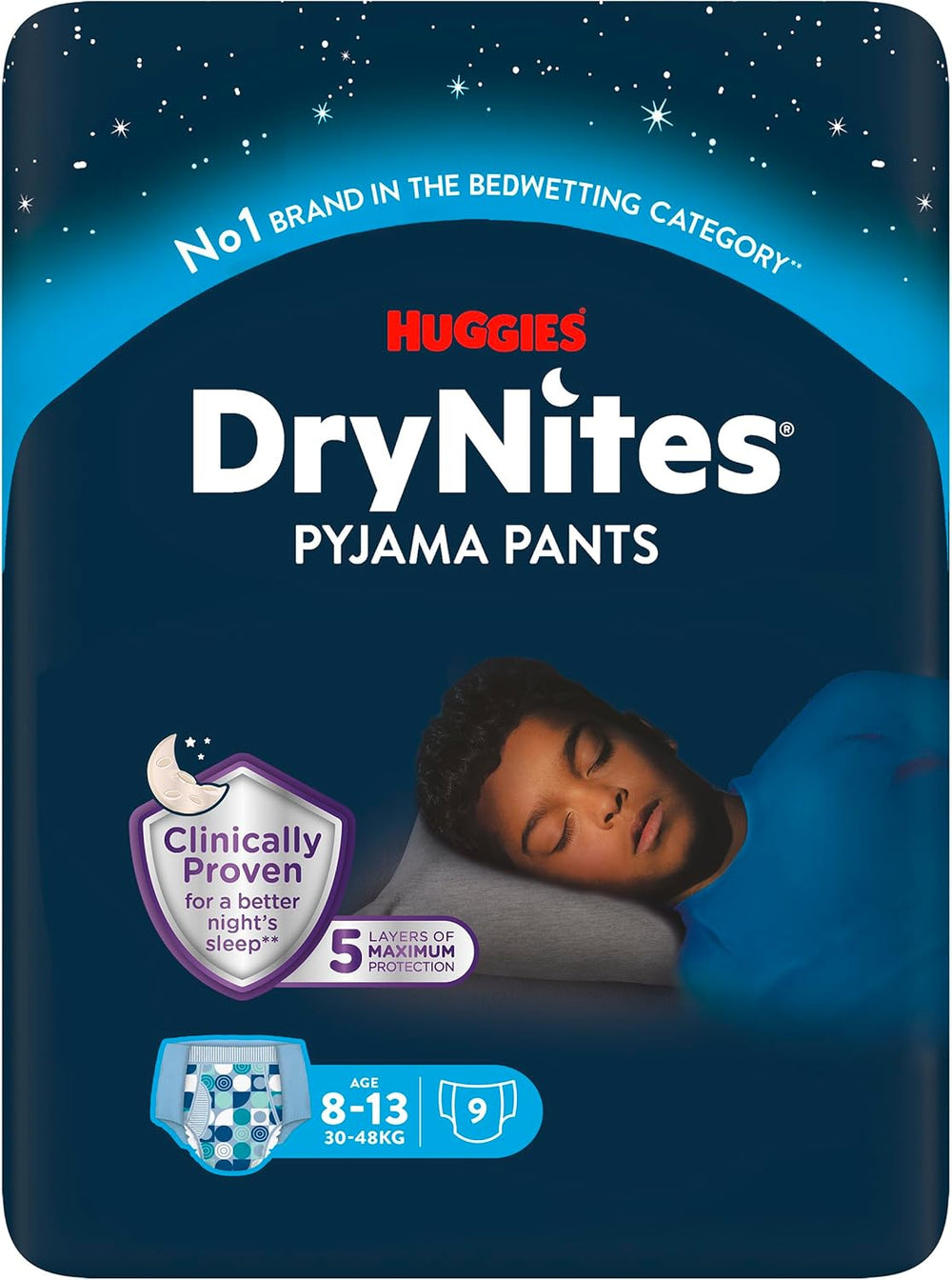 Huggies DryNites Super chłonne pieluszki nawilżające na noc dla chłopców 8-13 lat (30-48kg) 27 sztuk (3 x 9 sztuk) Pieluchy majtkowe