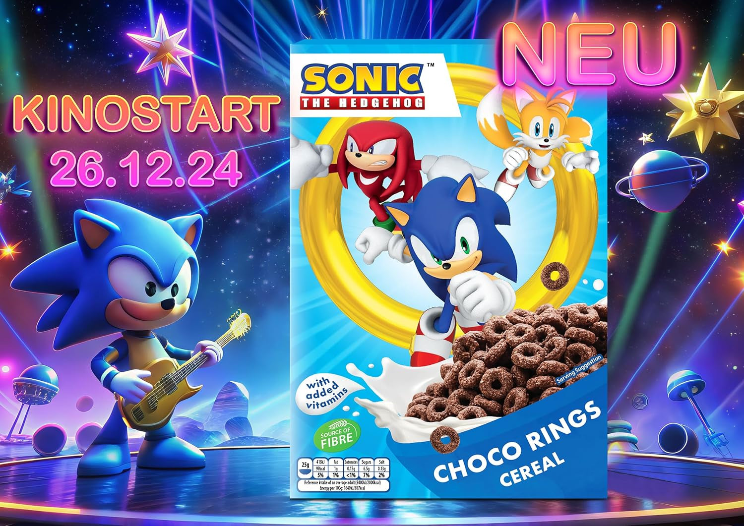 Sonic Choco Rings Krążki z czekolady zbożowej, pszennej, owsianej i kukurydzianej na idealne śniadanie, z dodatkiem witamin, 1 opakowanie (1 x 350g)