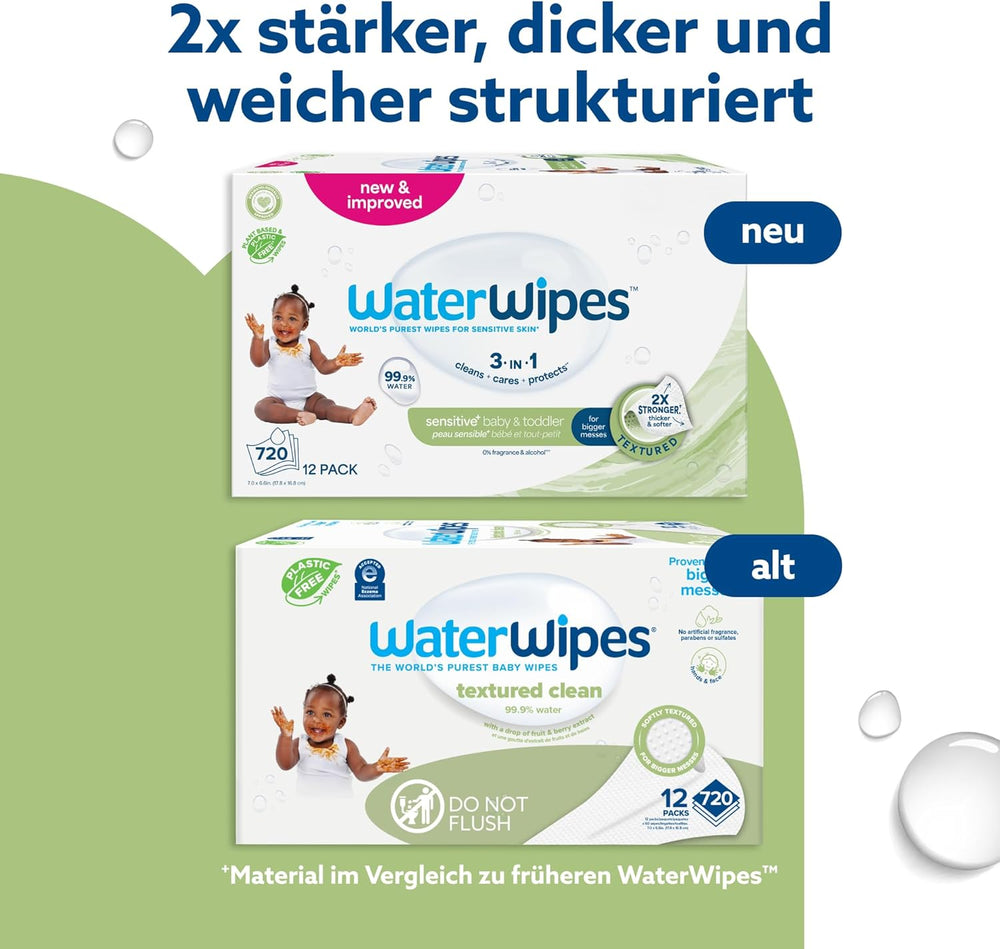 WaterWipes Sensitive+ Chusteczki nawilżane dla niemowląt i małych dzieci, 720 szt. (12 szt.), 3 w 1 czyszczenie, pielęgnacja, ochrona, 99,9% wody, teksturowane oczyszczanie, bezzapachowy