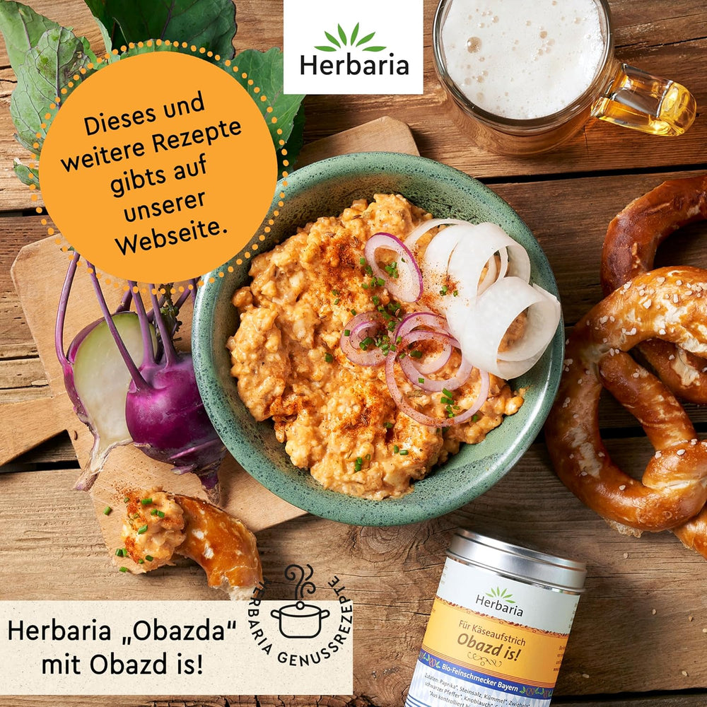Herbaria Obazd jest! bio 90g M-Dose – Bio-Gewürzmischung bayerischen Biergartenklassiker Obazda – dla Brotaufstriche, Käsegerichte, Käsefondue – Raclette Gewürz - w nachhaltiger Aromaschutz-Dose