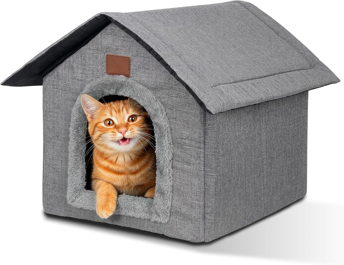 Katzenhaus Outdoor Winterfest, Katzenhöhle, Hundehöhle mit Abnehmbarem Plüschkissen, Wasserdicht Wetterfester, Hundehütte Indoor, Hundehaus für Drinnen/Indoor 35x30x35cm (Grau, S)