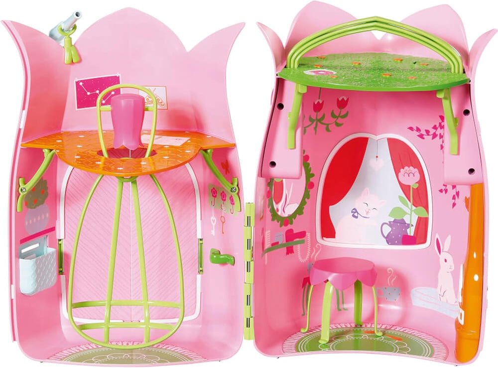 BABY Born Storybook Cottage, składany domek dla lalek 18 cm ze stołem, kominkiem, szezlongiem i teleskopem, różowy zielony, 833803 Zapf Creation Dollhouses Naty Shop
